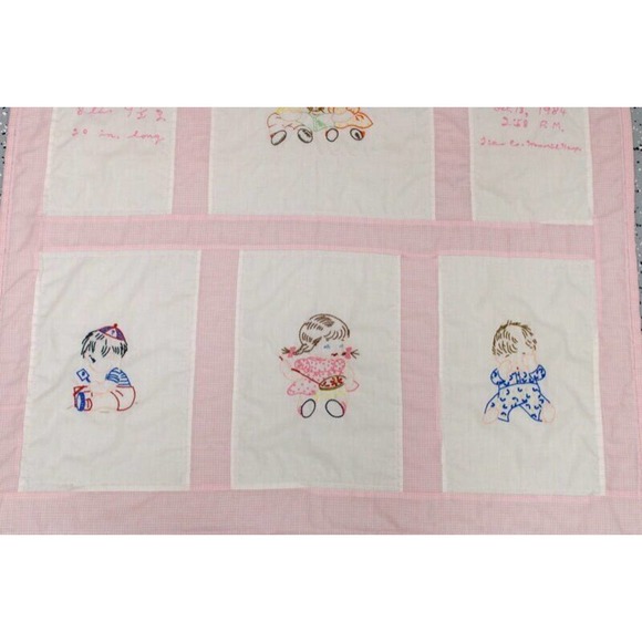 Vintage Hand Embroidered Baby Crib Quilt Pink Children Playing 1980s - Picture 10 of 12